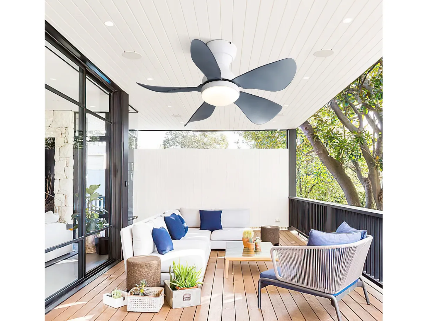 Ventilador de techo blanco con iluminación LED integrada, 5 palas de ABS transparente, motor DC, montaje empotrado (73,66x73,66x29,97cm)