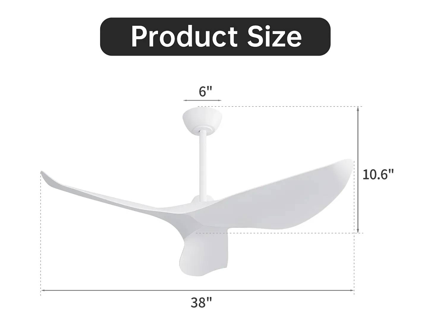 Ventilador de techo blanco con control remoto de 6 velocidades y aspas de ABS para dormitorio y sala de estar.