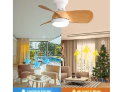Ventilador de techo color madera con luces LED regulables y 3 aspas de ABS para dormitorios y salones.