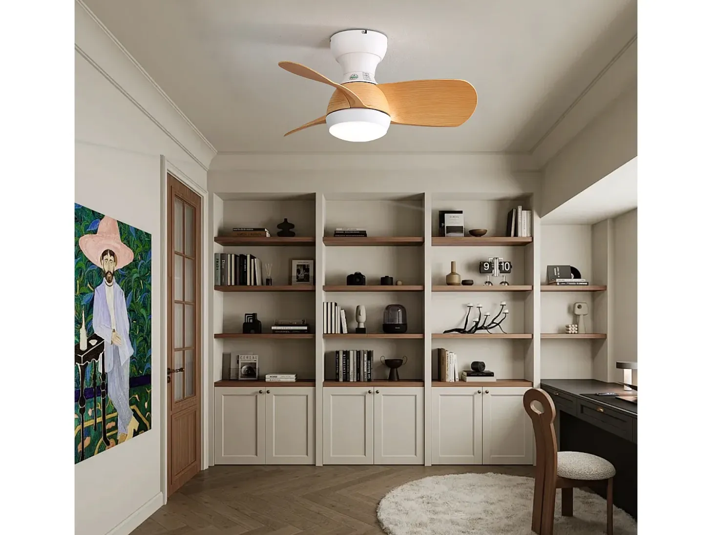 Ventilador de techo color madera con luces LED regulables y 3 aspas de ABS para dormitorios y salones.