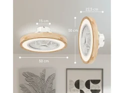 Ventilador de techo con iluminación LED, 6 aspas reversibles, mando a distancia, modo RGB, 40W, madera natural (50x50x22,5cm)