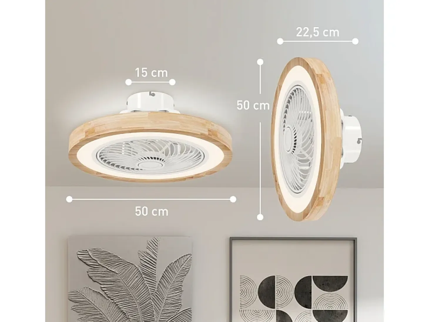 Ventilador de techo con iluminación LED, 6 aspas reversibles, mando a distancia, modo RGB, 40W, madera natural (50x50x22,5cm)