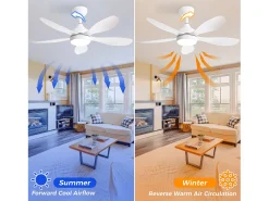 Ventilador de techo con luz, mando a distancia, 6 velocidades, motor DC reversible, ABS, blanco (106,6x106,6x47,5 cm)