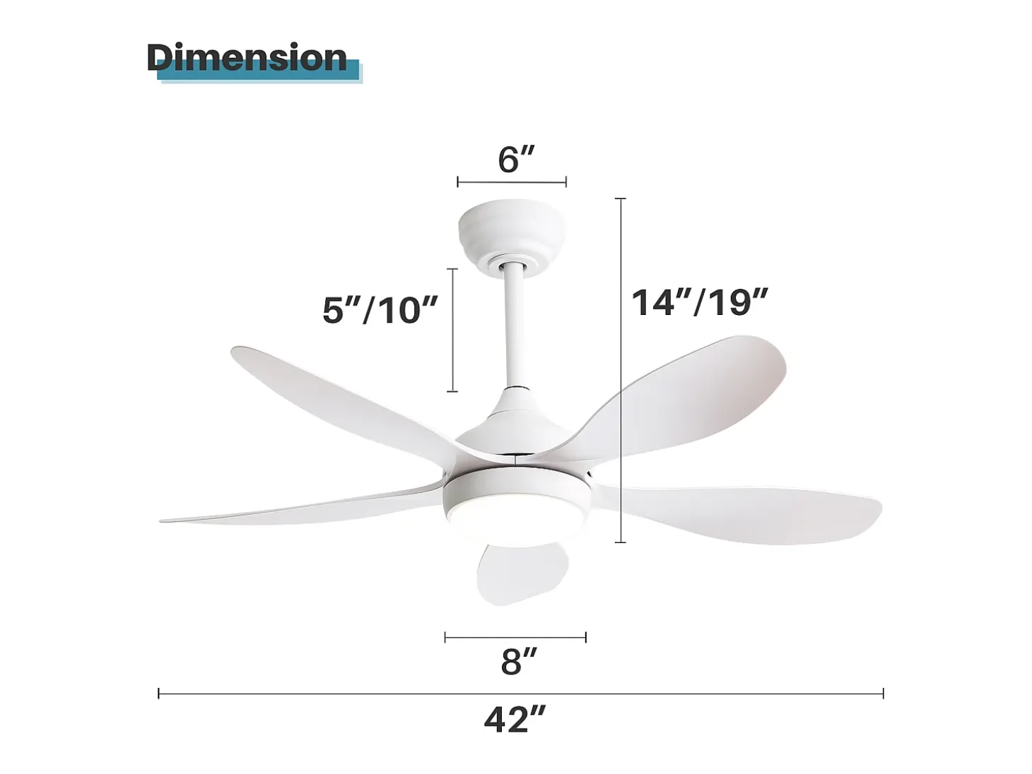 Ventilador de techo con luz, mando a distancia, 6 velocidades, motor DC reversible, ABS, blanco (106,6x106,6x47,5 cm)