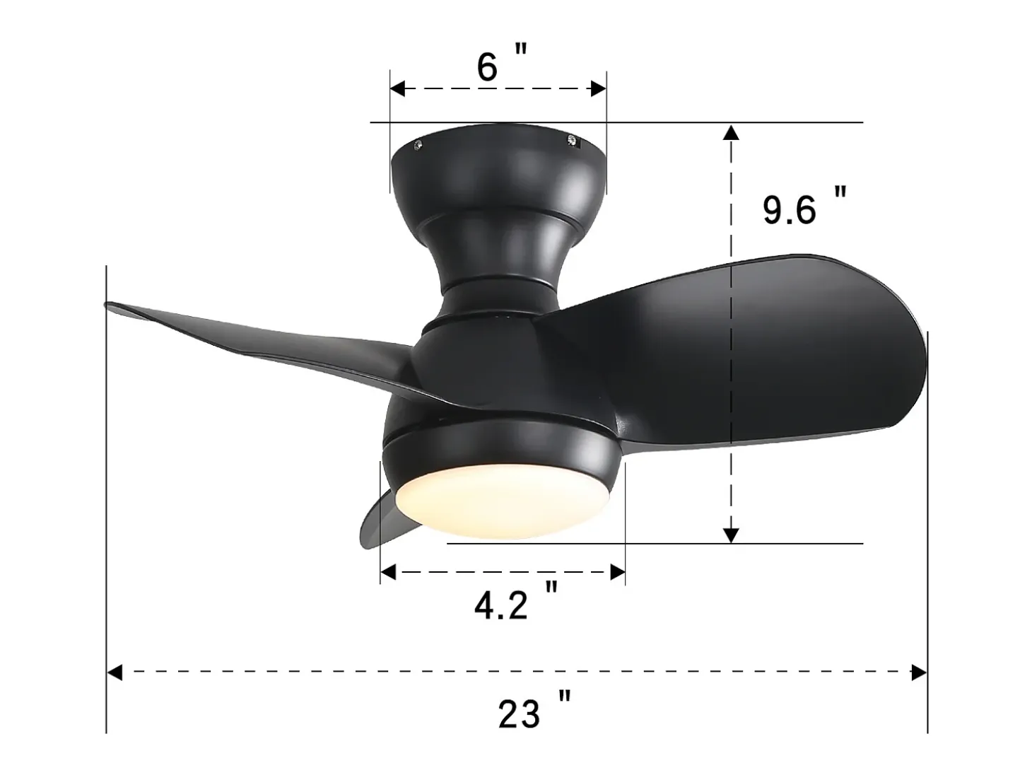 Ventilador de techo de 3 aspas de 58,4 cm con iluminación ajustable, 6 velocidades, temporizador, motor CC reversible, color negro