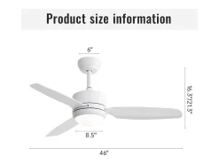 Ventilador de techo de 116,8 cm, 3 aspas de ABS con LED, 6 velocidades, motor CC reversible, blanco