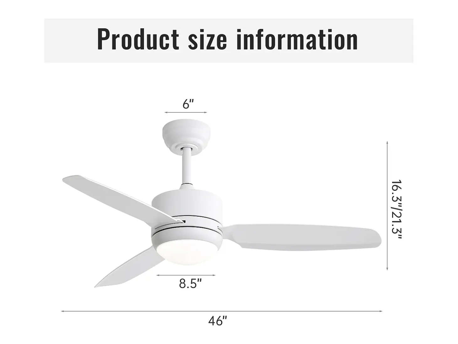 Ventilador de techo de 116,8 cm, 3 aspas de ABS con LED, 6 velocidades, motor CC reversible, blanco