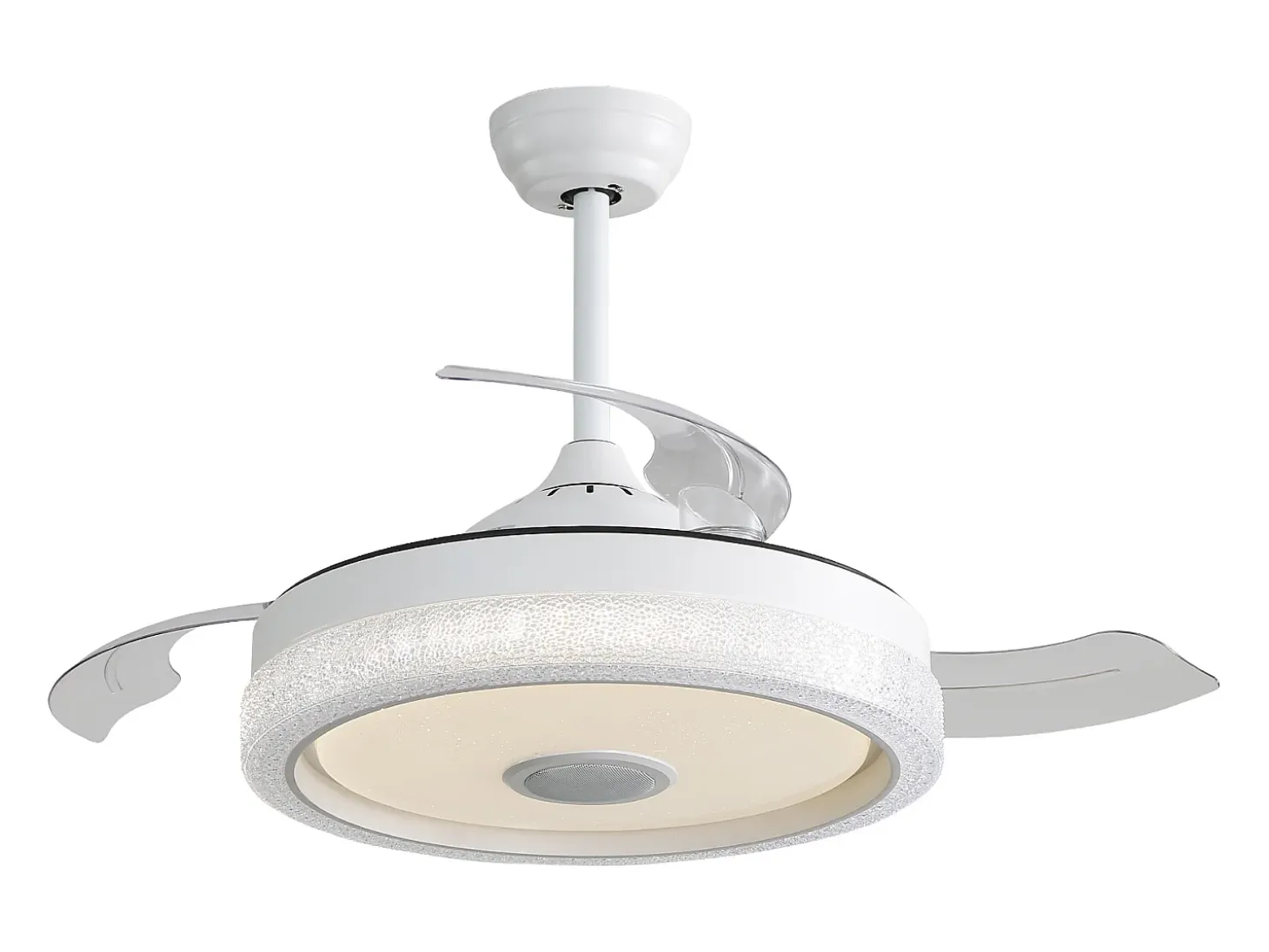 Ventilador de techo de 106,6 cm con 3 aspas retráctiles, LED y altavoz Bluetooth, motor CC reversible, color blanco