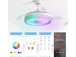Ventilador de techo de 106,6 cm con 3 aspas retráctiles, LED y altavoz Bluetooth, motor CC reversible, color blanco