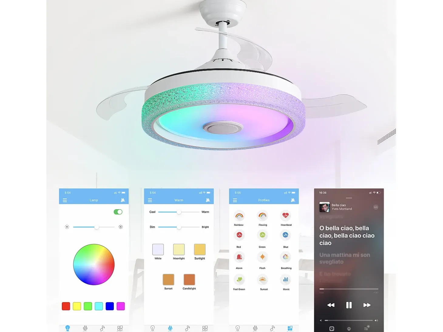 Ventilador de techo de 106,6 cm con 3 aspas retráctiles, LED y altavoz Bluetooth, motor CC reversible, color blanco