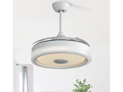 Ventilador de techo de 106,6 cm con 3 aspas retráctiles, LED y altavoz Bluetooth, motor CC reversible, color blanco