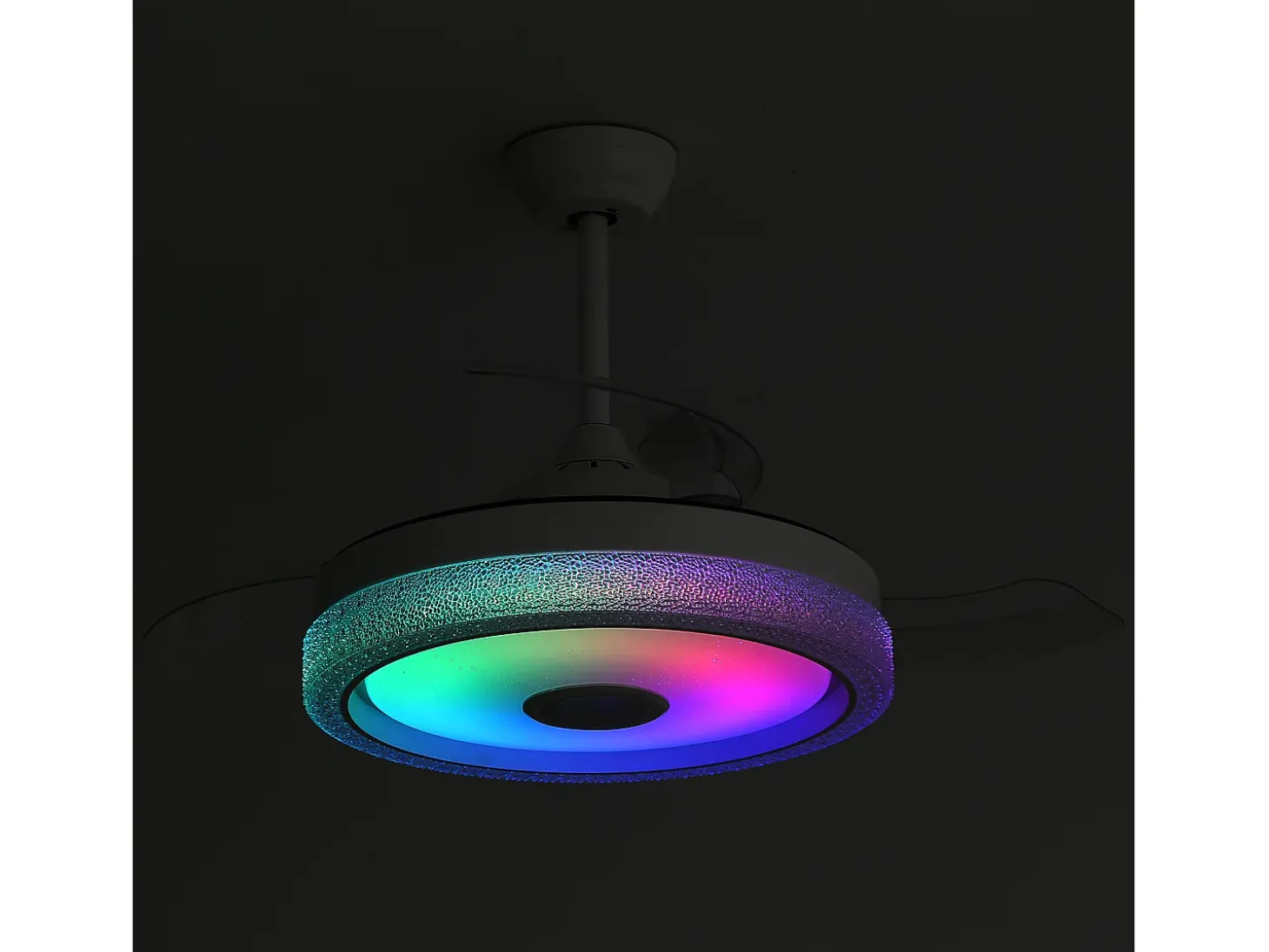 Ventilador de techo de 106,6 cm con 3 aspas retráctiles, LED y altavoz Bluetooth, motor CC reversible, color blanco
