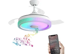 Ventilador de techo de 106,6 cm con 3 aspas retráctiles, LED y altavoz Bluetooth, motor CC reversible, color blanco