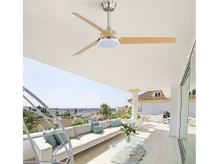 Ventilador de techo de 132 cm, 3 aspas en chapa de madera natural con LED, 6 velocidades y temporizador, motor CC reversible, color plateado