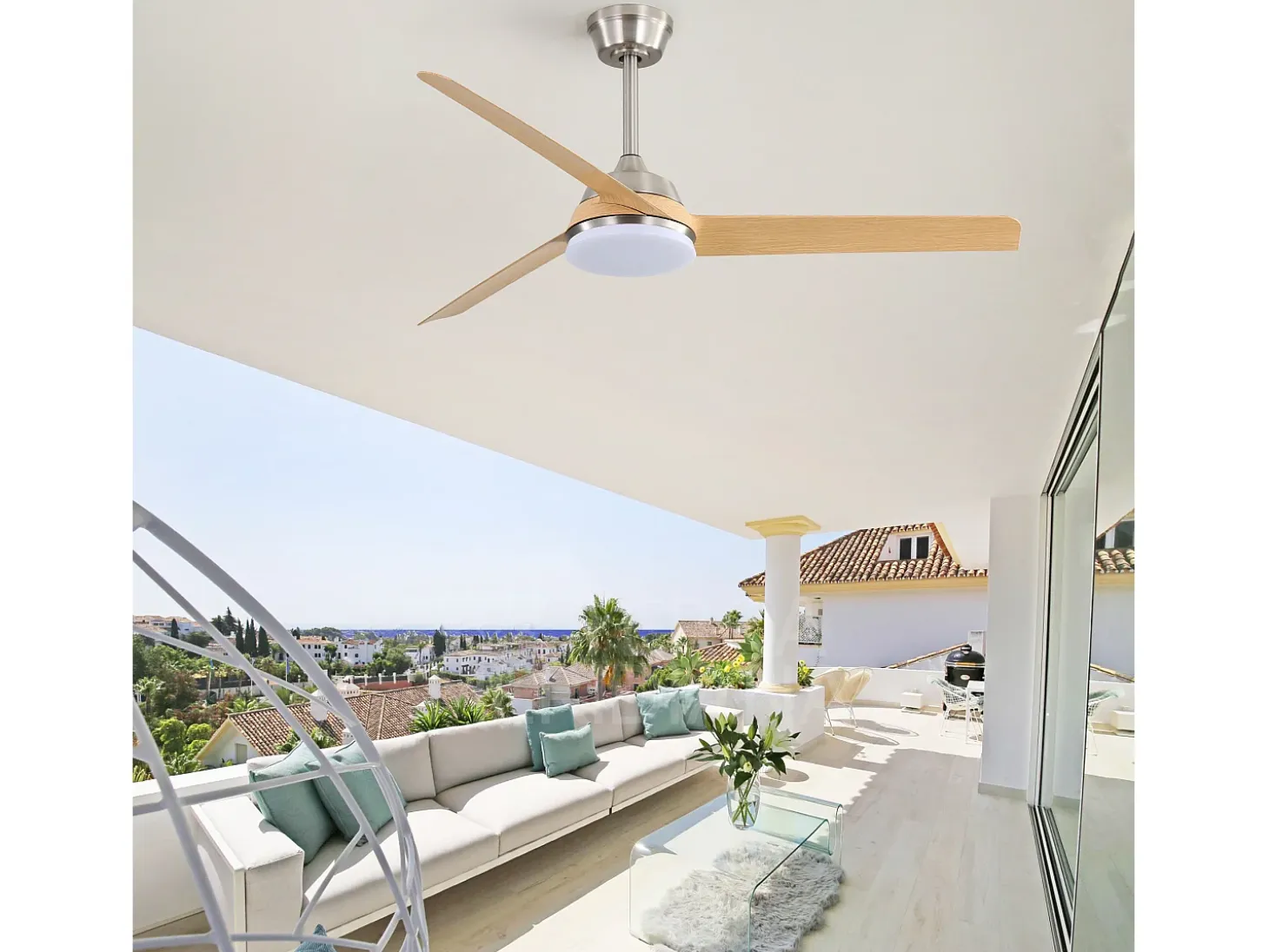 Ventilador de techo de 132 cm, 3 aspas en chapa de madera natural con LED, 6 velocidades y temporizador, motor CC reversible, color plateado