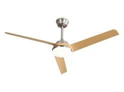 Ventilador de techo de 132 cm, 3 aspas en chapa de madera natural con LED, 6 velocidades y temporizador, motor CC reversible, color plateado
