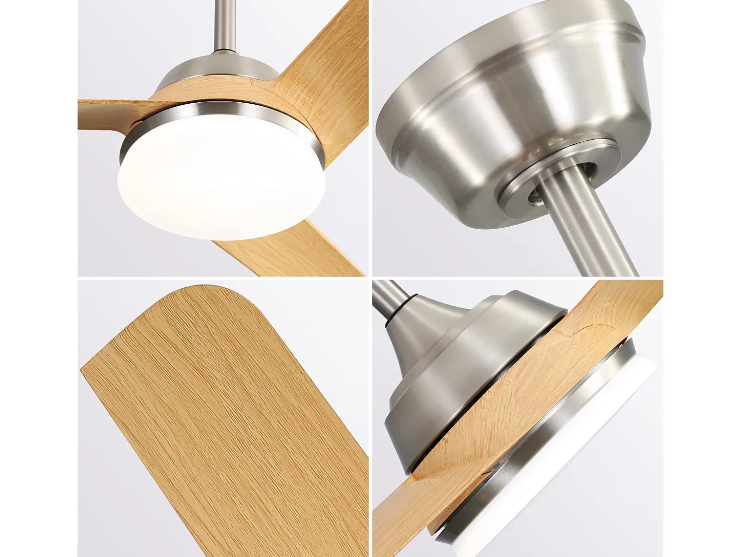 Ventilador de techo de 132 cm, 3 aspas en chapa de madera natural con LED, 6 velocidades y temporizador, motor CC reversible, color plateado