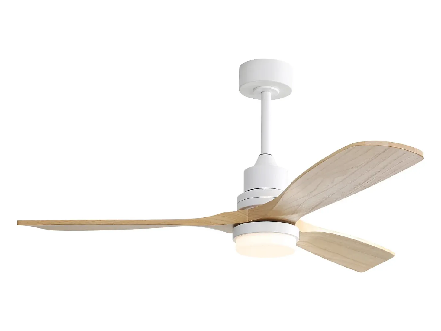 Ventilador de techo de 132 cm, 3 aspas de madera con LED, 6 velocidades y temporizador, motor CC reversible, color blanco