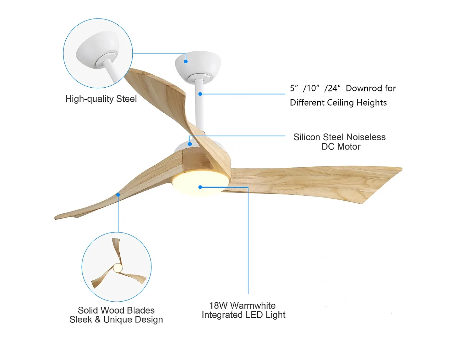Ventilador de techo de 52" con 6 velocidades y luz, 3 aspas de madera, para sala y oficina