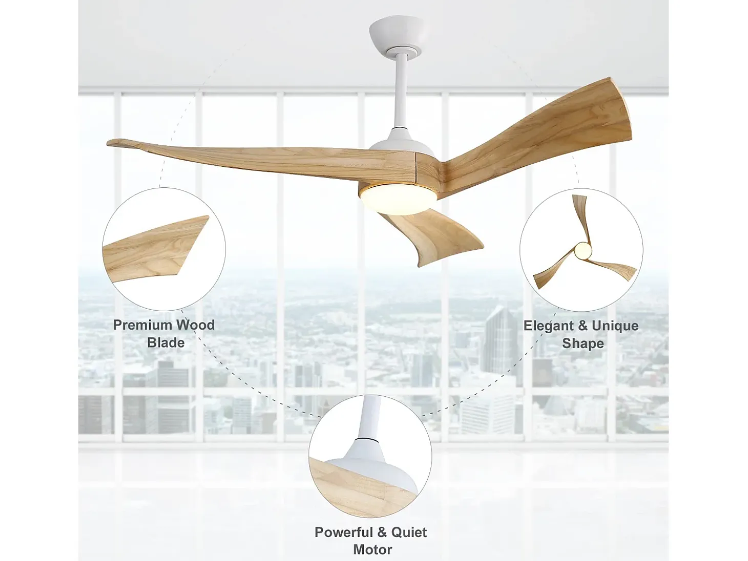 Ventilador de techo de 52" con 6 velocidades y luz, 3 aspas de madera, para sala y oficina