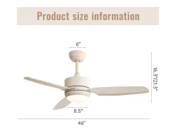 Ventilador de techo de 116,8 cm, 3 aspas de ABS con LED, 6 velocidades, motor CC reversible, beige