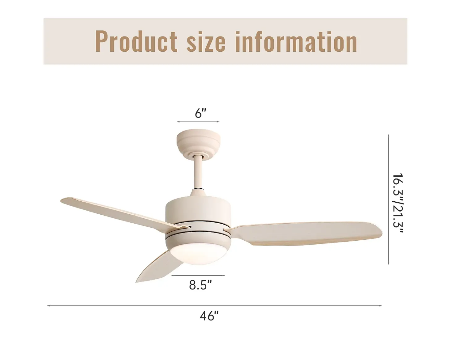 Ventilador de techo de 116,8 cm, 3 aspas de ABS con LED, 6 velocidades, motor CC reversible, beige