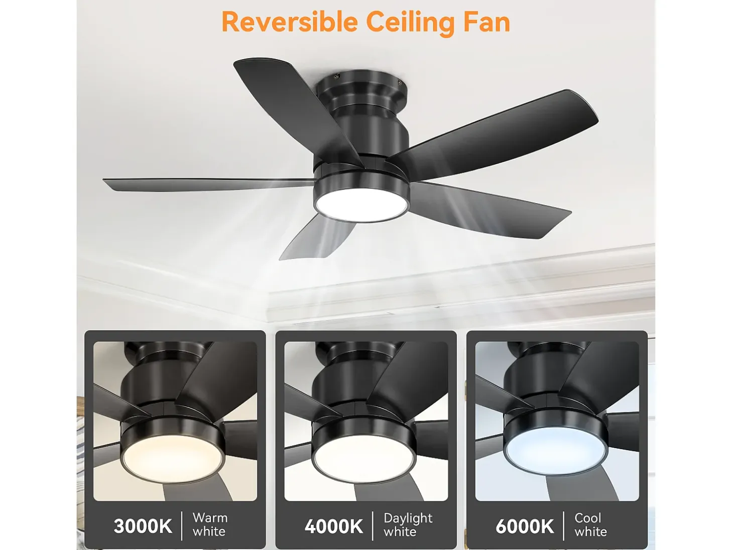Ventilador de techo de 42 pulgadas con iluminación LED de 18 W, control remoto, 5 aspas de ABS, motor CC reversible, color negro (106,68 x 106,68 x 23,11 cm)