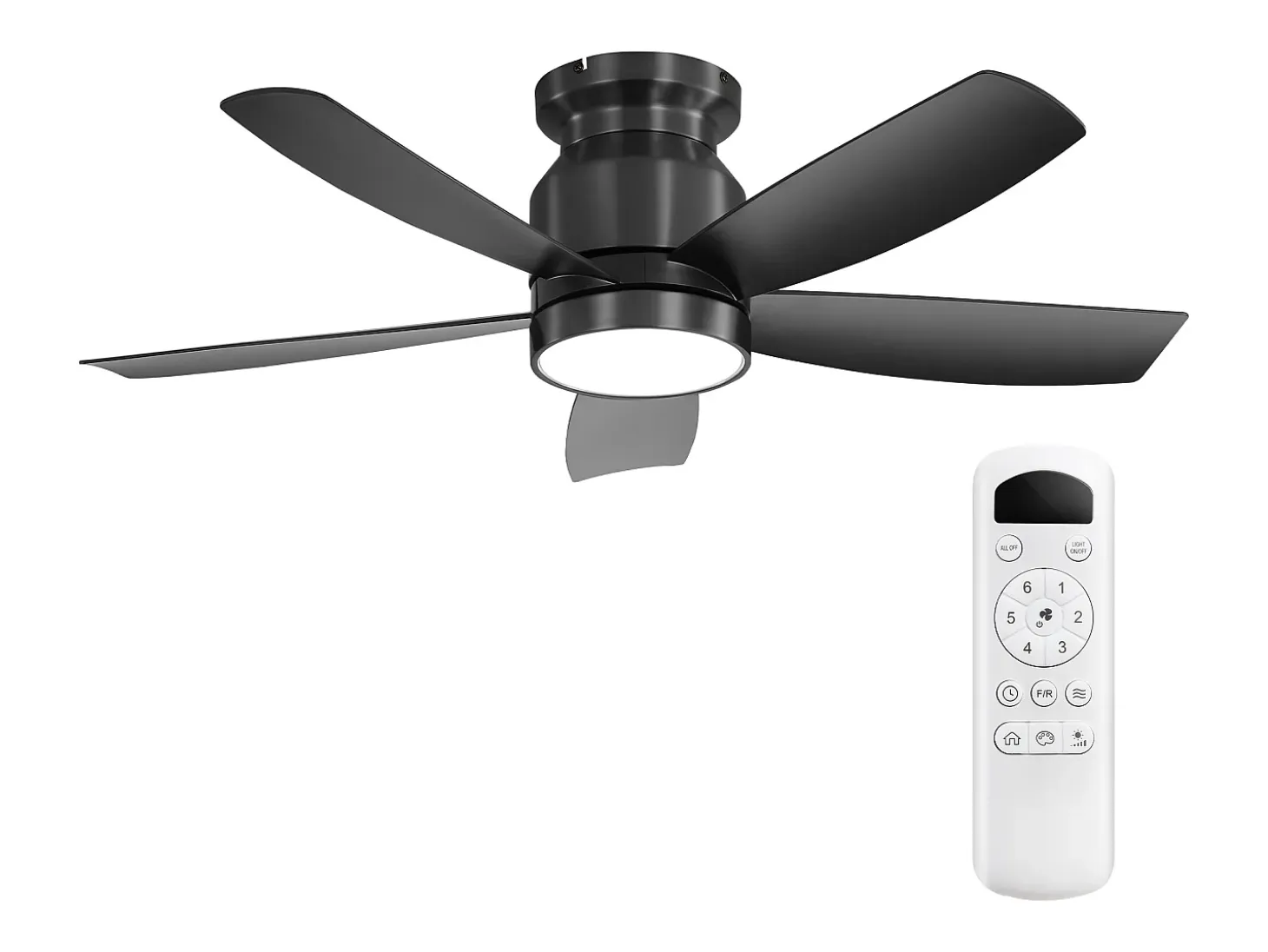 Ventilador de techo de 42 pulgadas con iluminación LED de 18 W, control remoto, 5 aspas de ABS, motor CC reversible, color negro (106,68 x 106,68 x 23,11 cm)