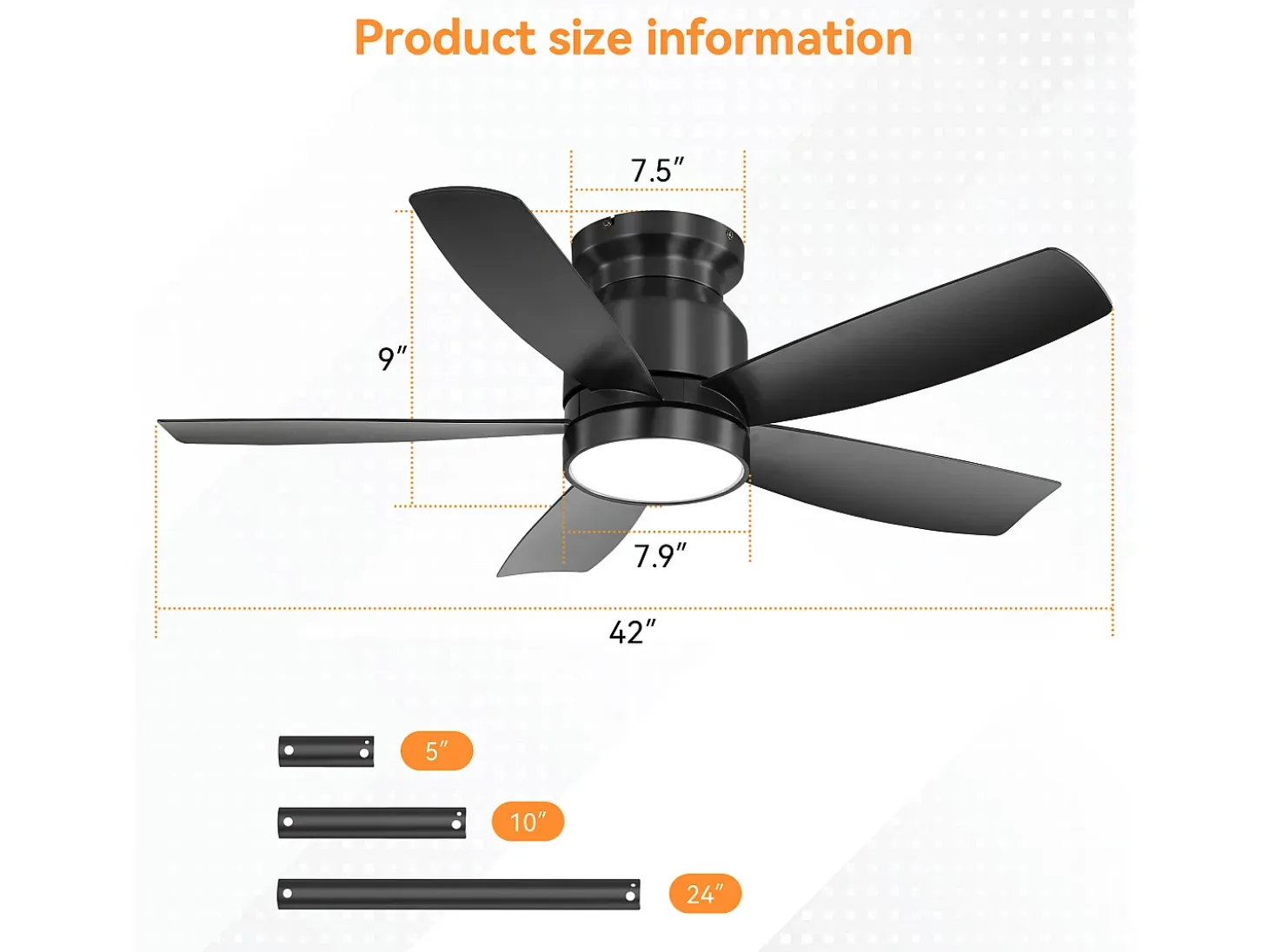 Ventilador de techo de 42 pulgadas con iluminación LED de 18 W, control remoto, 5 aspas de ABS, motor CC reversible, color negro (106,68 x 106,68 x 23,11 cm)