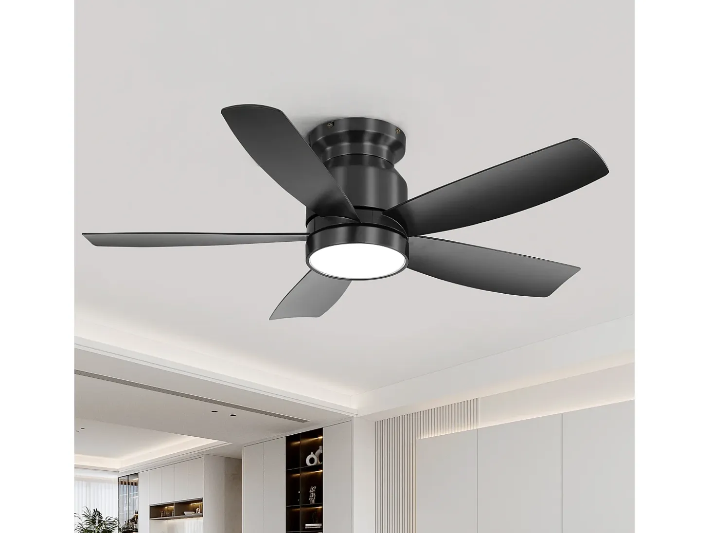 Ventilador de techo de 42 pulgadas con iluminación LED de 18 W, control remoto, 5 aspas de ABS, motor CC reversible, color negro (106,68 x 106,68 x 23,11 cm)