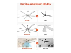Ventilador de Techo de Aluminio SucceBuy 213 cm sin Luz y Mando a Distancia Níquel Cepillado