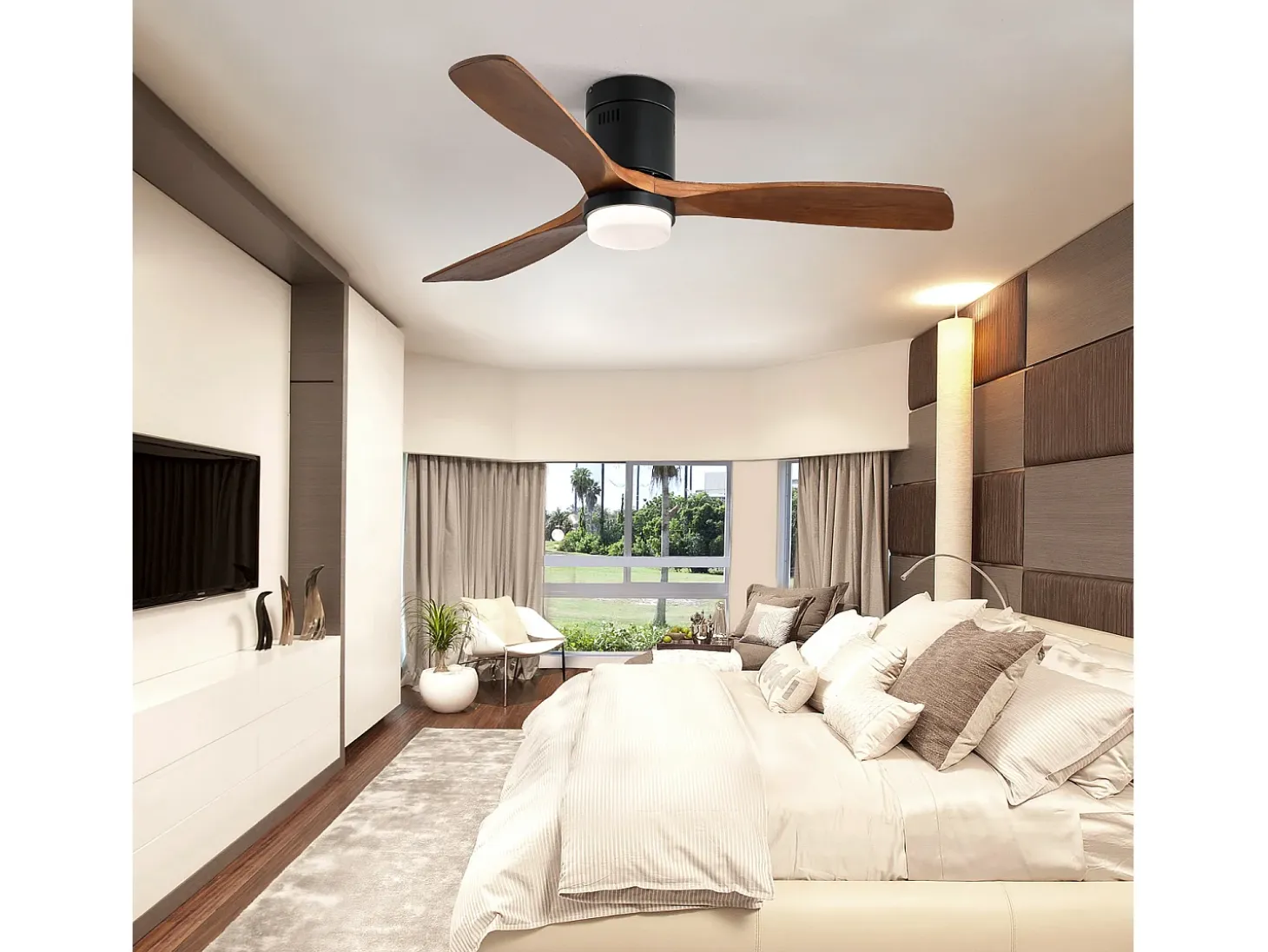 Ventilador de techo interior con luz, 3 palas de madera maciza, motor silencioso y reversible, mando a distancia, negro (132x132x30 cm)