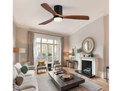 Ventilador de techo interior con luz, 3 palas de madera maciza, motor silencioso y reversible, mando a distancia, negro (132x132x30 cm)