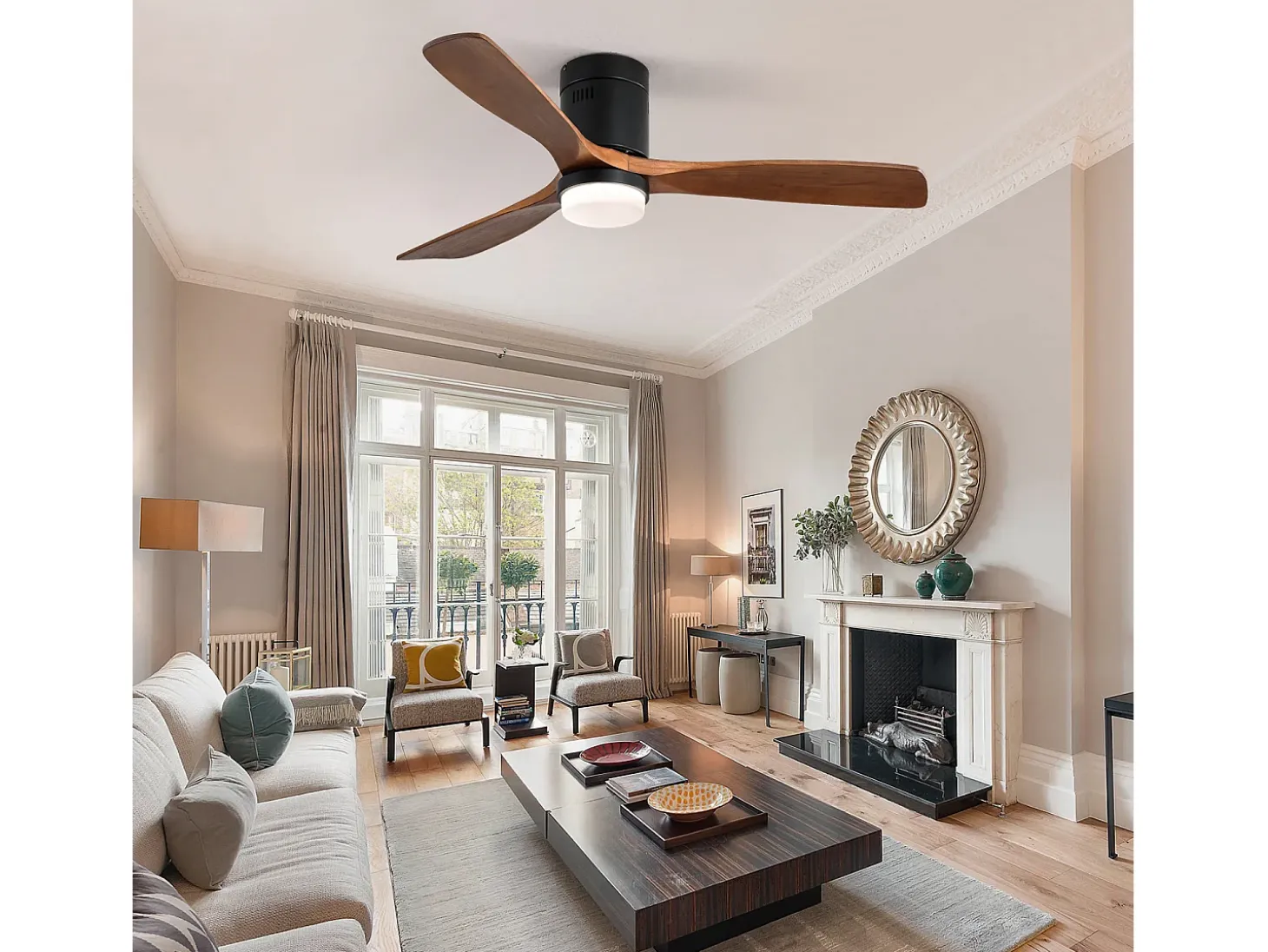 Ventilador de techo interior con luz, 3 palas de madera maciza, motor silencioso y reversible, mando a distancia, negro (132x132x30 cm)