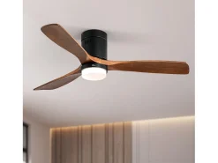 Ventilador de techo interior con luz, 3 palas de madera maciza, motor silencioso y reversible, mando a distancia, negro (132x132x30 cm)