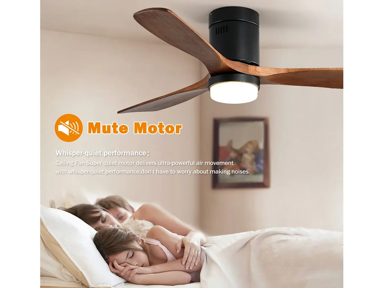 Ventilador de techo interior con luz, 3 palas de madera maciza, motor silencioso y reversible, mando a distancia, negro (132x132x30 cm)