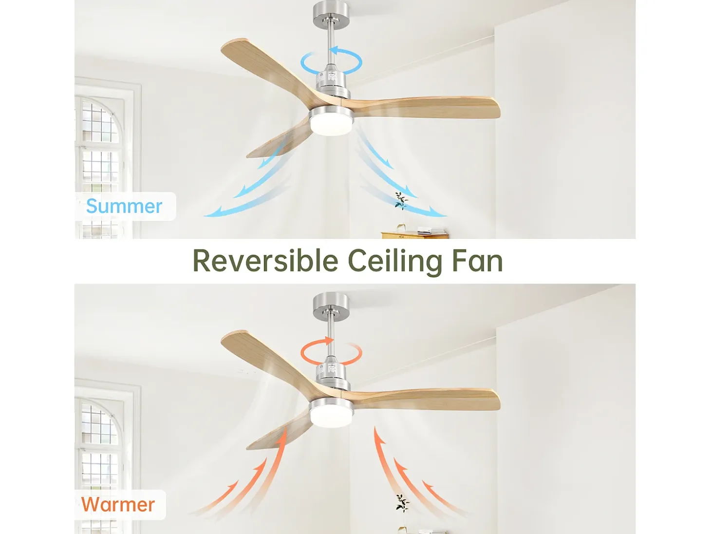Ventilador de techo para sala de estar - con luz LED regulable y control remoto de 6 velocidades - 3 aspas de madera