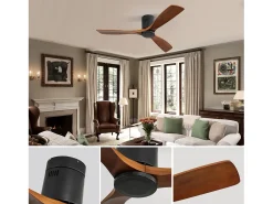 Ventilador de techo silencioso de 52 pulgadas, motor CC reversible, aspas de madera tallada, control remoto, sin luz, color negro (132 x 132 x 24,5 cm)