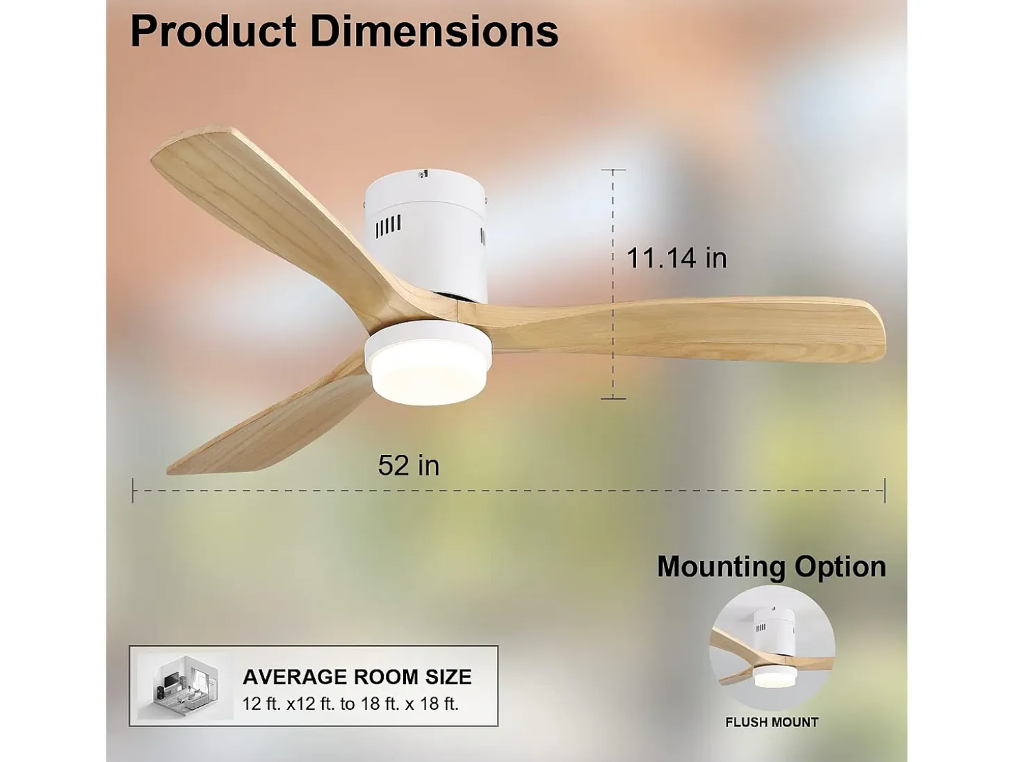 Ventilador de techo silencioso de 132 cm, 3 aspas de madera con LED, 6 velocidades y temporizador, motor CC reversible, luz natural