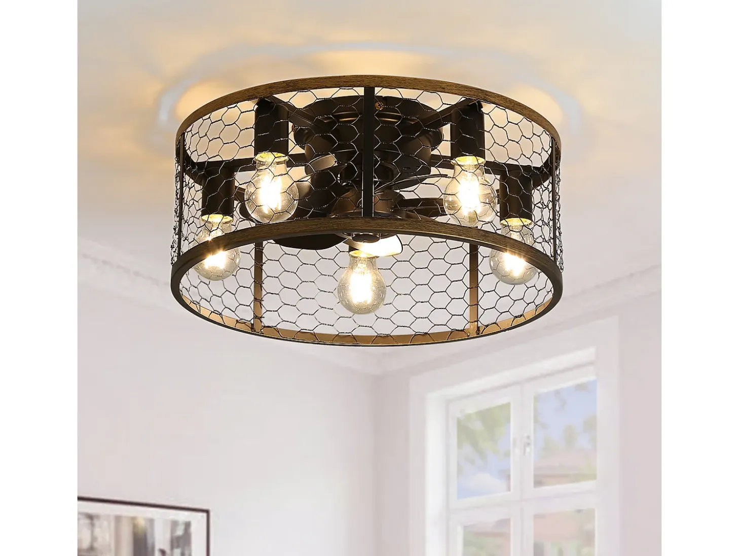 Ventilador de techo tipo jaula - Ventilador de techo empotrado con 7 aspas de ABS y luz - Ajuste de 6 velocidades