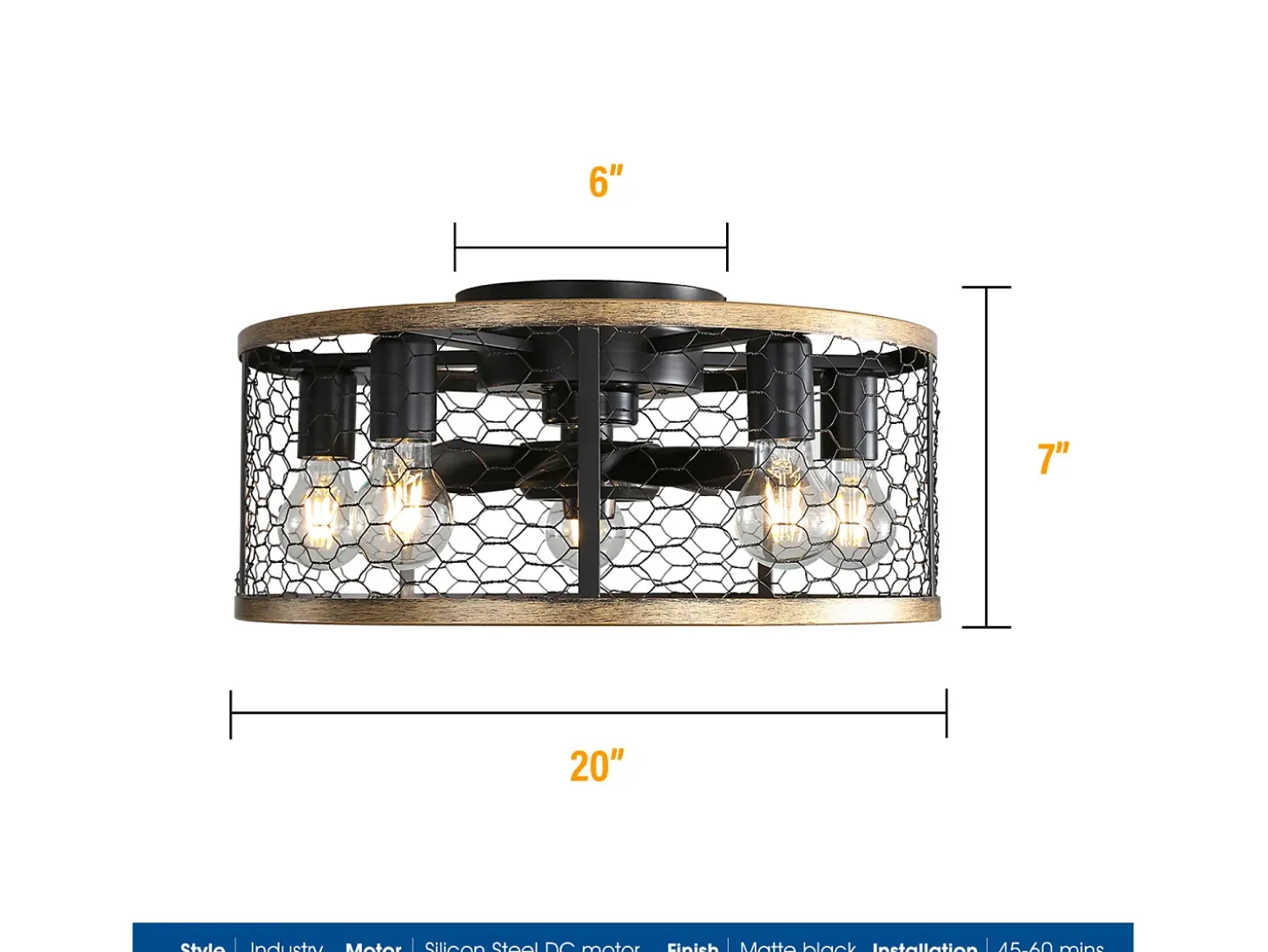 Ventilador de techo tipo jaula - Ventilador de techo empotrado con 7 aspas de ABS y luz - Ajuste de 6 velocidades