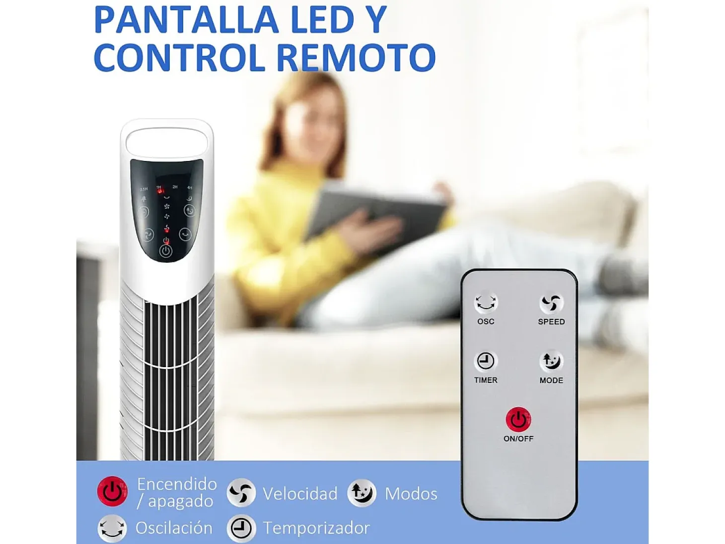 Ventilador de torre Jose Homcom 40W oscilante + 3 velocidades + control remoto blanco 78,5 cm