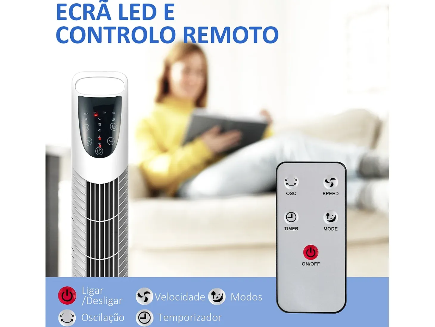 Ventilador de torre Jose Homcom 40W oscilante + 3 velocidades + control remoto blanco 78,5 cm