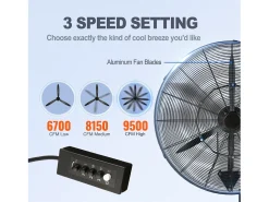 Ventilador Nebulizador SucceBuy de 74,9 CM, 9500 CFM, 3 Velocidades, para Montaje en Pared