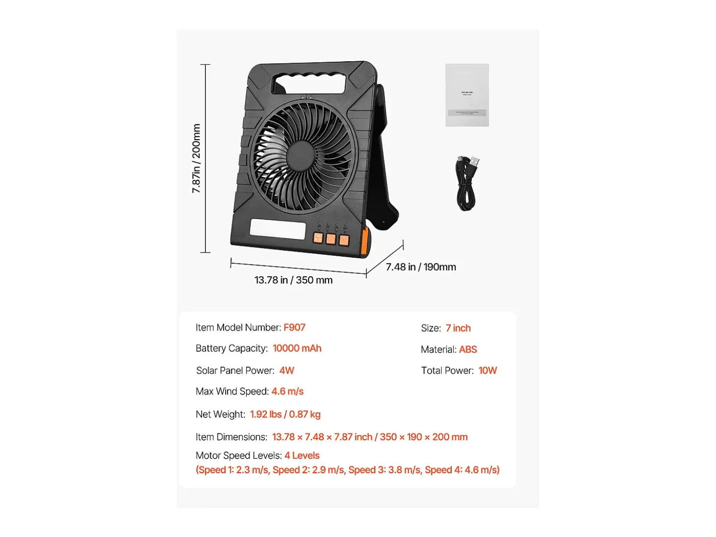 Ventilador Solar SucceBuy Portátil Recargable 10000 mAh con Iluminación LED, Panel Solar Plegable 4 W, 4 Velocidades, Temporizador, Alimentación USB