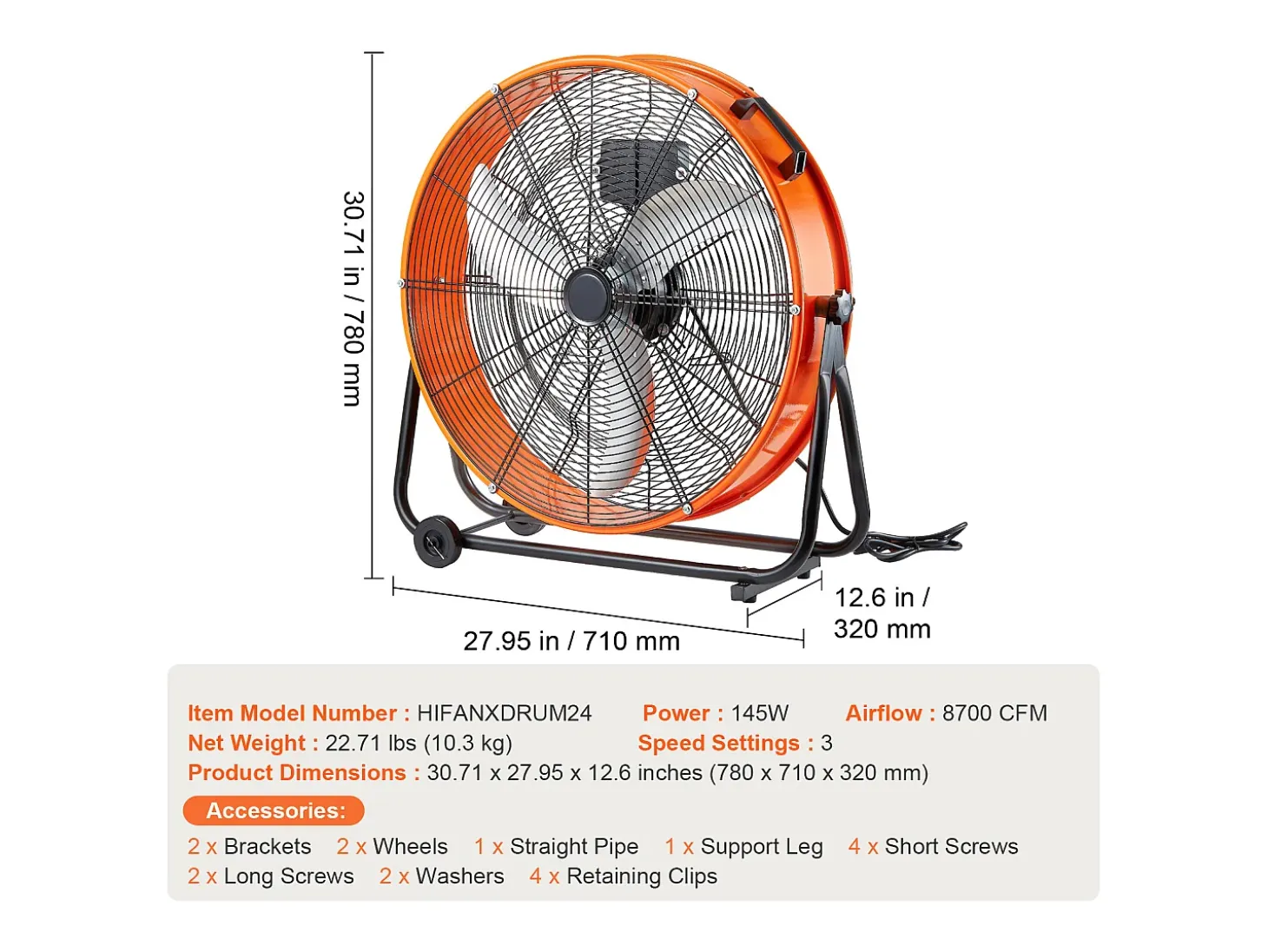Ventilador SucceBuy de Tambor Industrial de 61 cm con Temporizador Conveniente y 3 Velocidades Ajustables - Perfecto para Grandes Espacios como Almacenes y Garajes