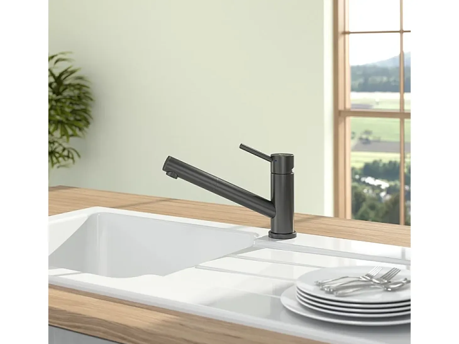 VILLEROY ET BOCH Como Grifo de cocina abatible con ventana de ducha Antracita