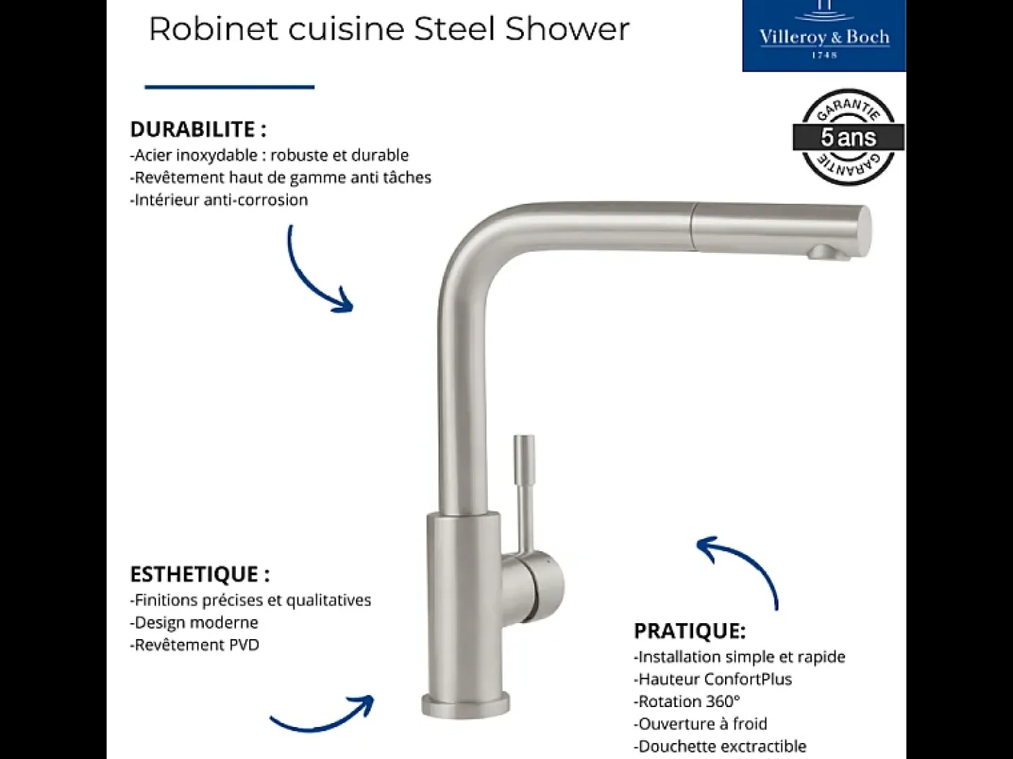 VILLEROY ET BOCH Grifo de cocina para ducha de acero antracita