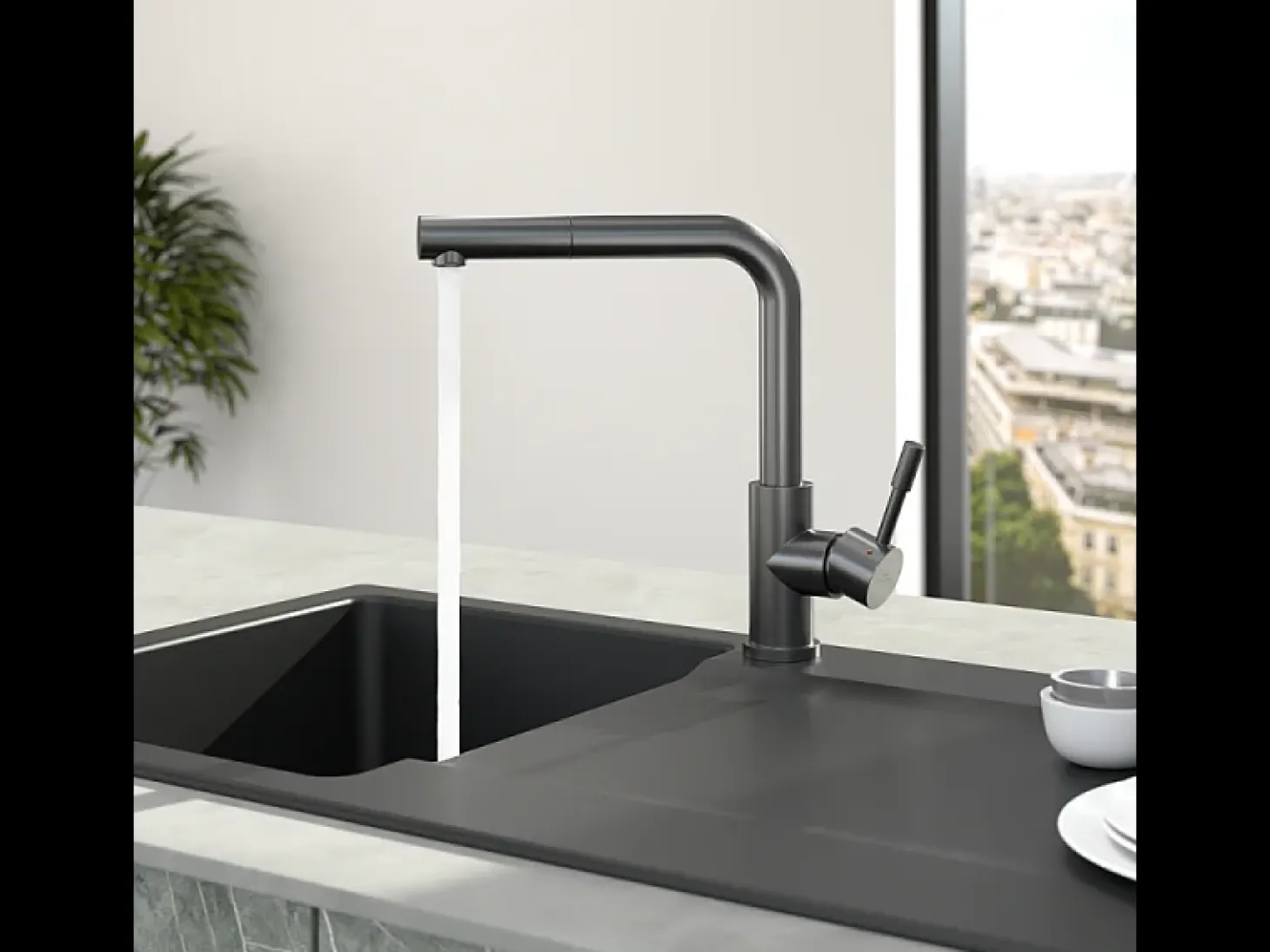 VILLEROY ET BOCH Grifo de cocina para ducha de acero antracita