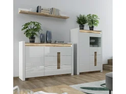 Vitrina 2 puertas 2 cajones con LED Helios Blanco lacado y Madera